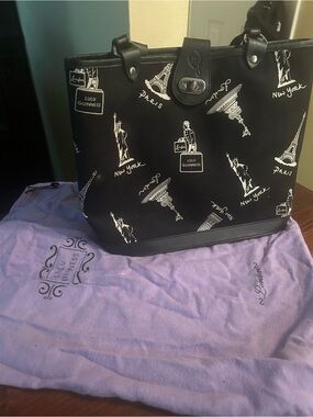 Lulu Guinness Black Tote with White Travel Motif Print